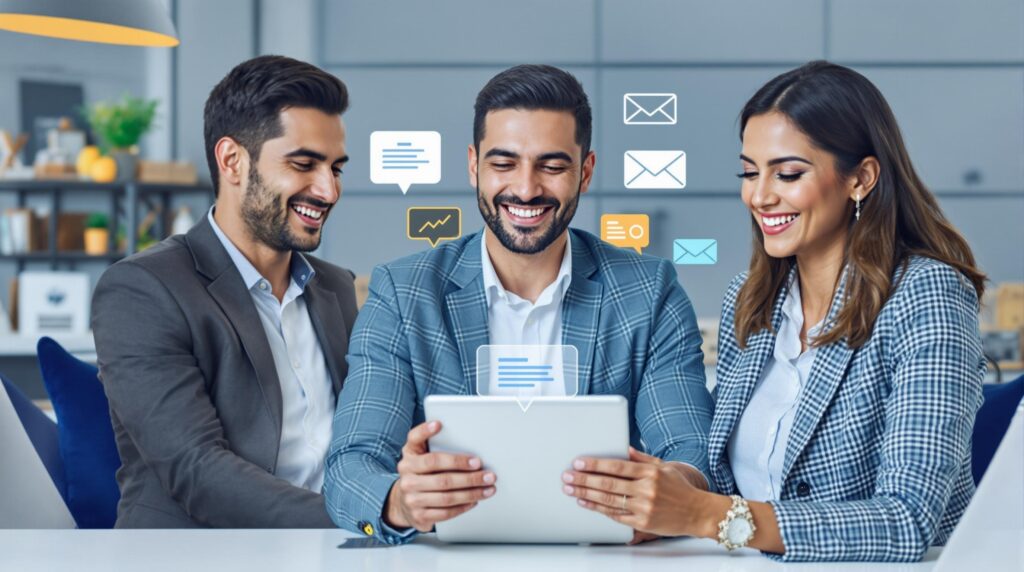 Empresarios mexicanos celebrando éxito con correo empresarial, mostrando ahorros y profesionalismo