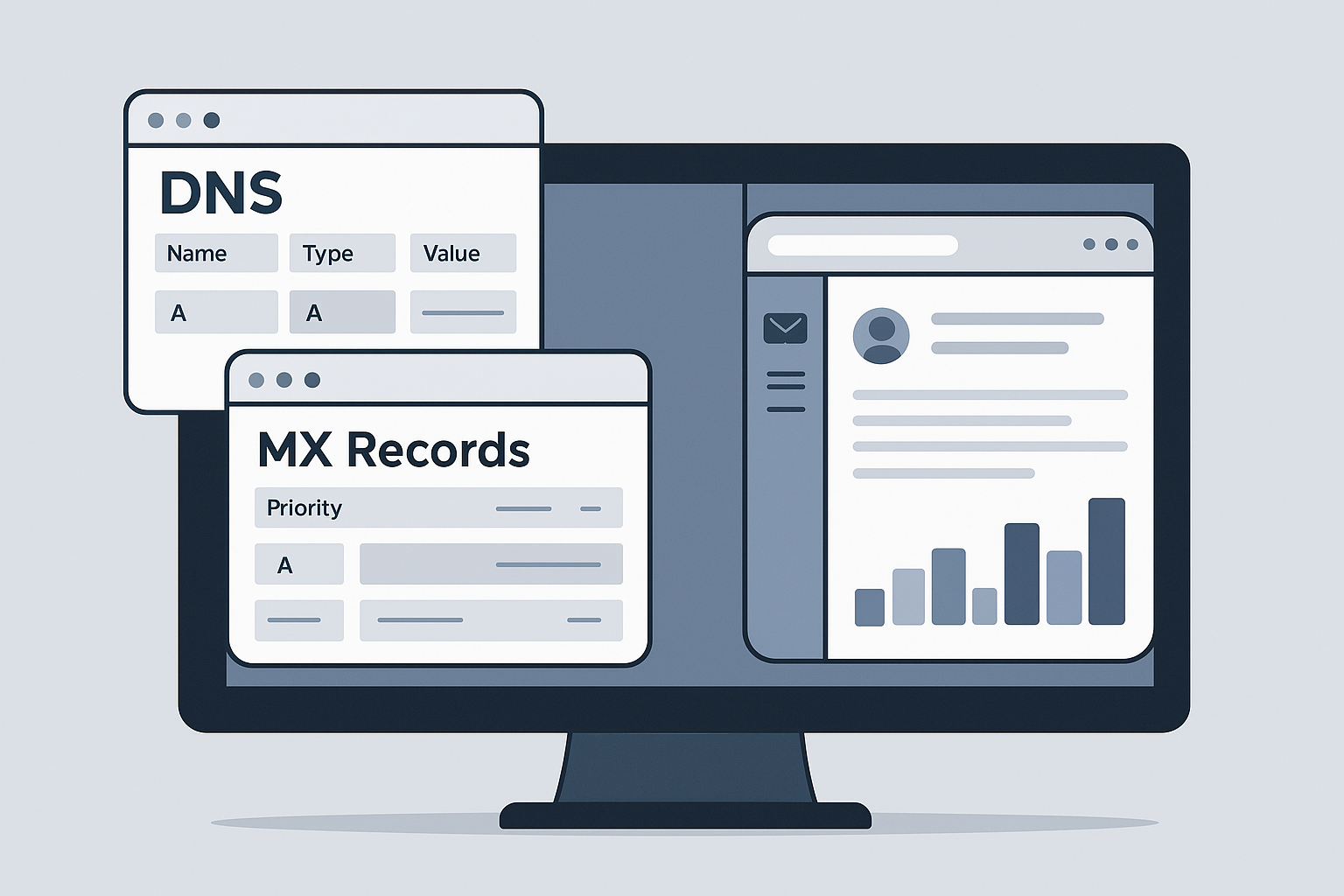 Interfaz técnica mostrando configuración de DNS, registros MX y panel de control para correo empresarial