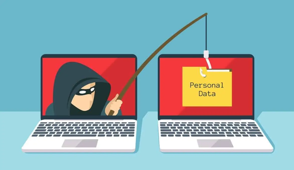 Ilustración de phishing: un hacker con sudadera y máscara aparece en la pantalla de una computadora, usando un gancho para robar datos personales de otra computadora.