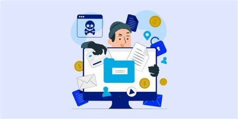 Hacker intentando robar información de un correo electrónico empresarial, con íconos de archivos, mensajes y candados alrededor de una computadora