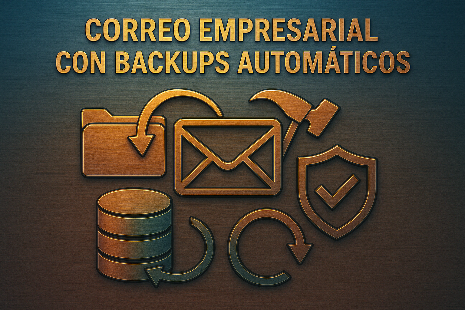 Ilustración metálica con iconos de correo, respaldo y seguridad, representando el concepto de correo empresarial con backups automáticos.