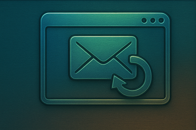 Interfaz metálica restaurando mensajes eliminados, representando la recuperación de correos borrados en un correo empresarial con backups automáticos.