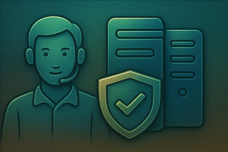 Equipo técnico y servidores con escudo metálico, simbolizando la protección y respaldo profesional de correos empresariales con backups automáticos.