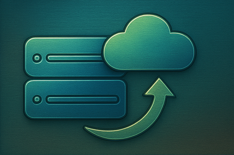 Servidores y nube conectados con flechas metálicas, representando el sistema de backups automáticos en correos empresariales.