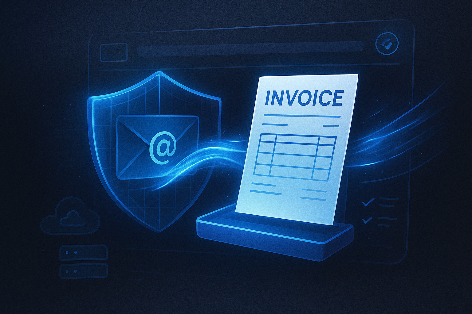 Ilustración digital sobre cómo evitar que tus facturas electrónicas terminen en spam con autenticación y seguridad empresarial de Cobalt Blue Web.