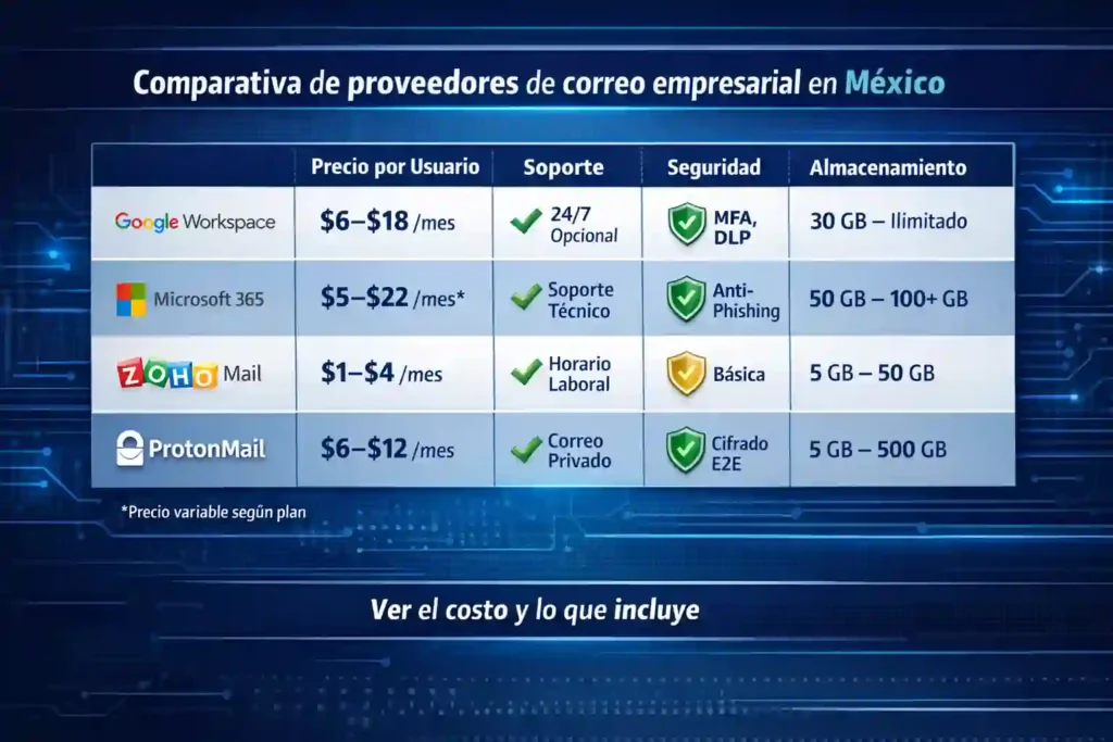 proveedores y precios de correo empresarial en México comparativa visual