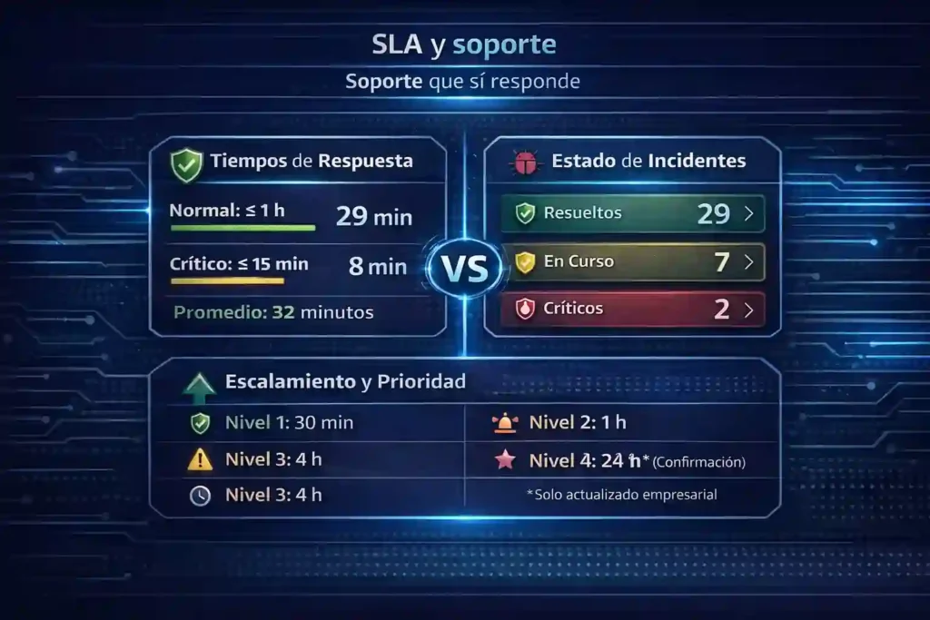 dashboard de soporte y SLA de correo empresarial