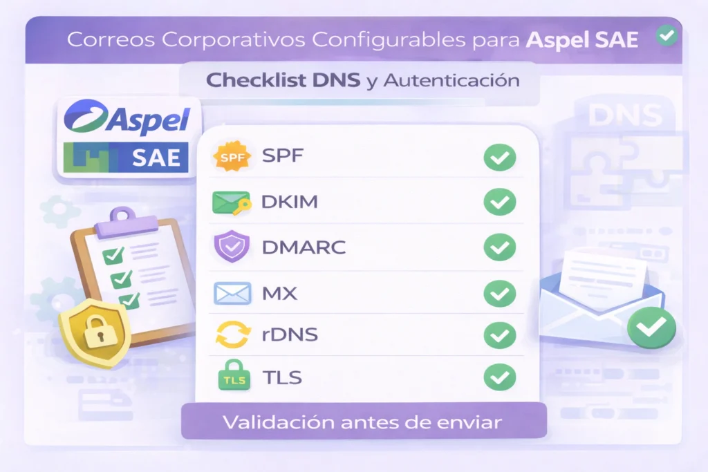 correos corporativos configurables para Aspel SAE checklist SPF DKIM DMARC