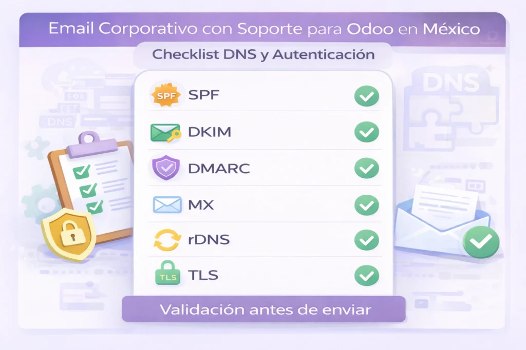 email corporativo con soporte para Odoo en México checklist SPF DKIM DMARC
