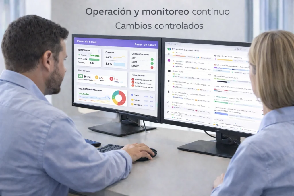 equipo revisando métricas de correo y tickets