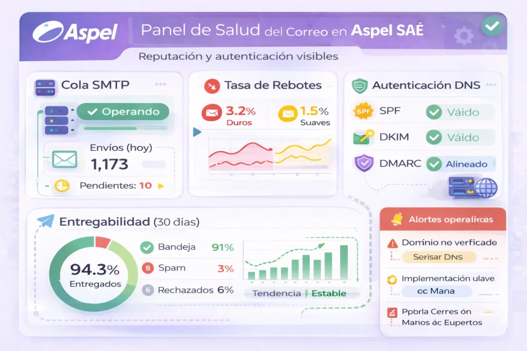 correos corporativos configurables para Aspel SAE con métricas de entrega y rebotes