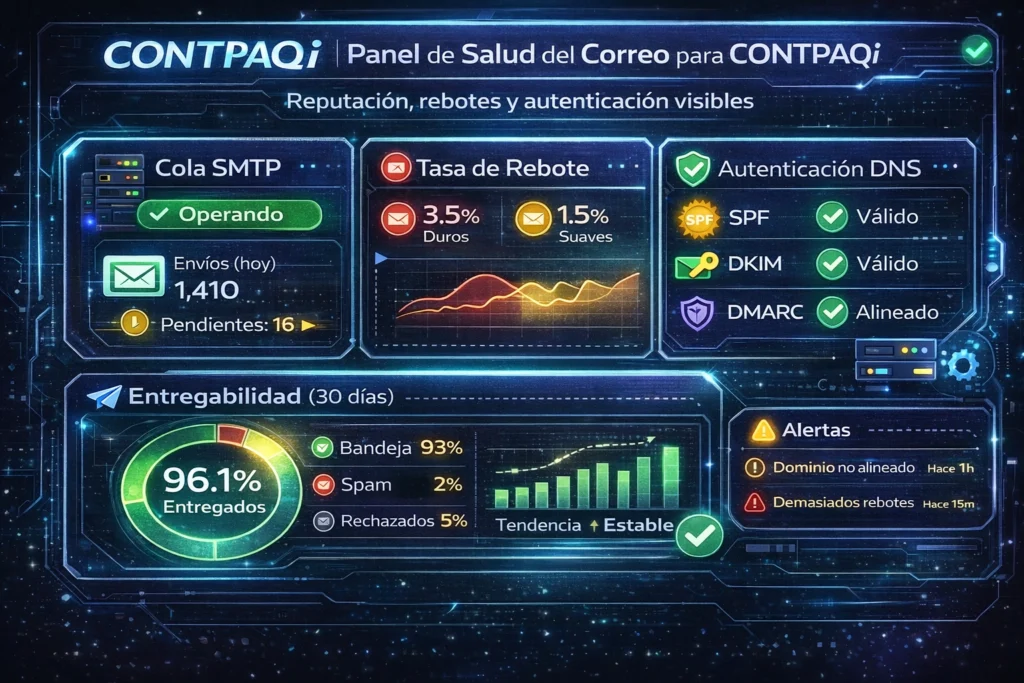 email corporativo configurado para CONTPAQi con métricas de entrega