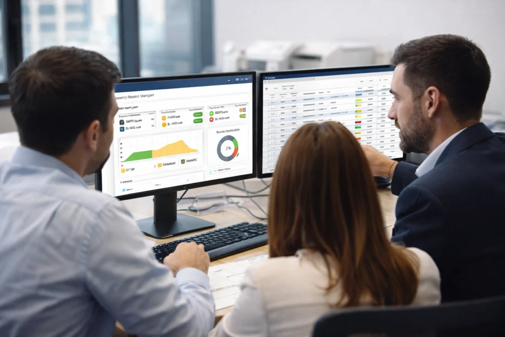 equipo revisando métricas de correo y tickets en entorno corporativo