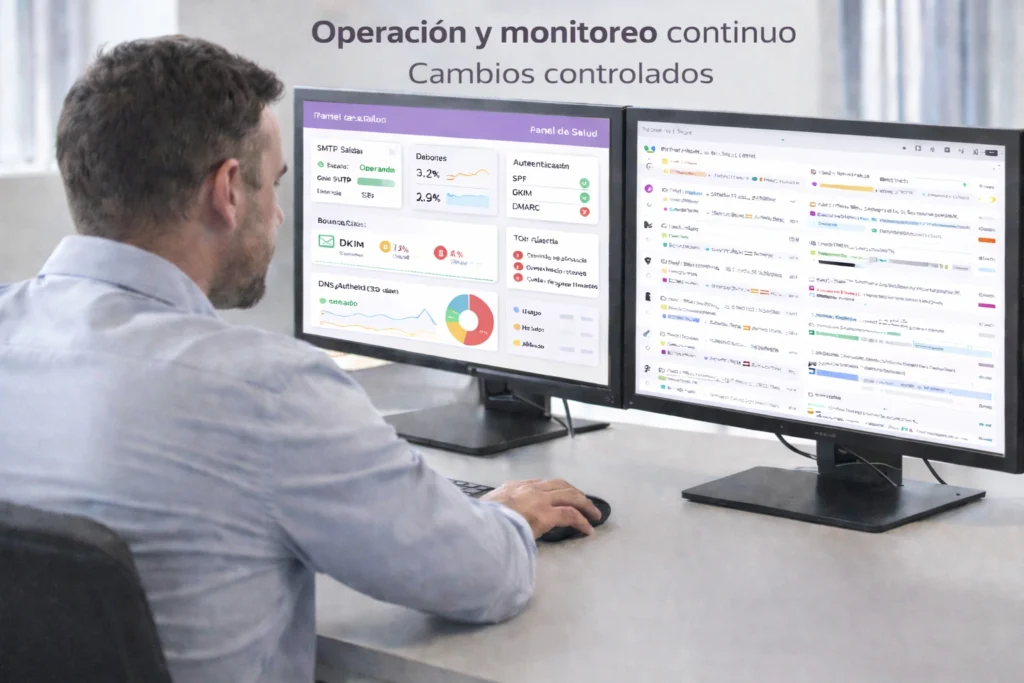 técnico revisando métricas de correo empresarial