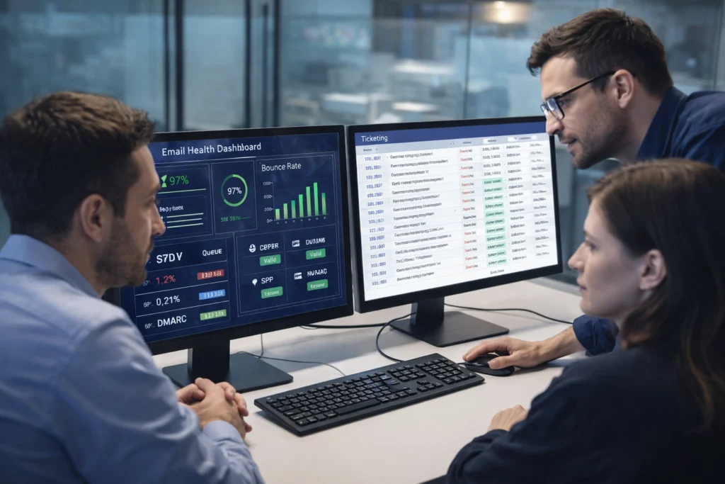 equipo revisando métricas de correo y tickets en entorno corporativo
