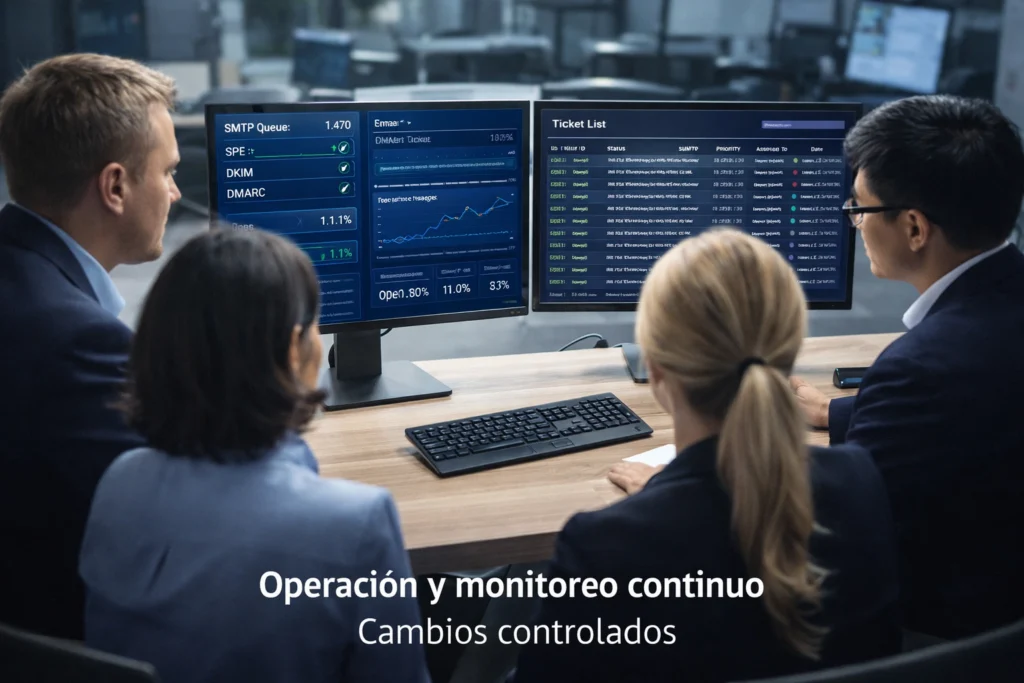 equipo revisando métricas de correo y tickets en entorno corporativo